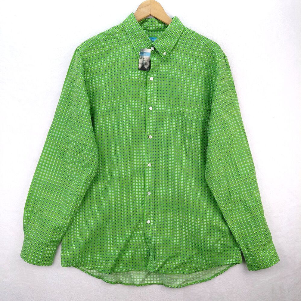 J. McLaughlin Men Large Linen Blend Green Geometric Button Shirt Coastal AOP NEW
